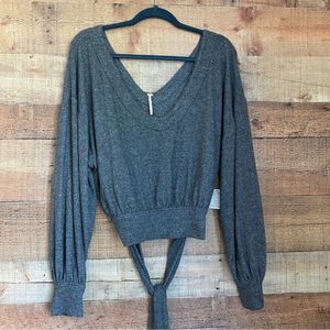 Free People Large Gray Long Sleeve Deep V-Neck Sweater with Tie